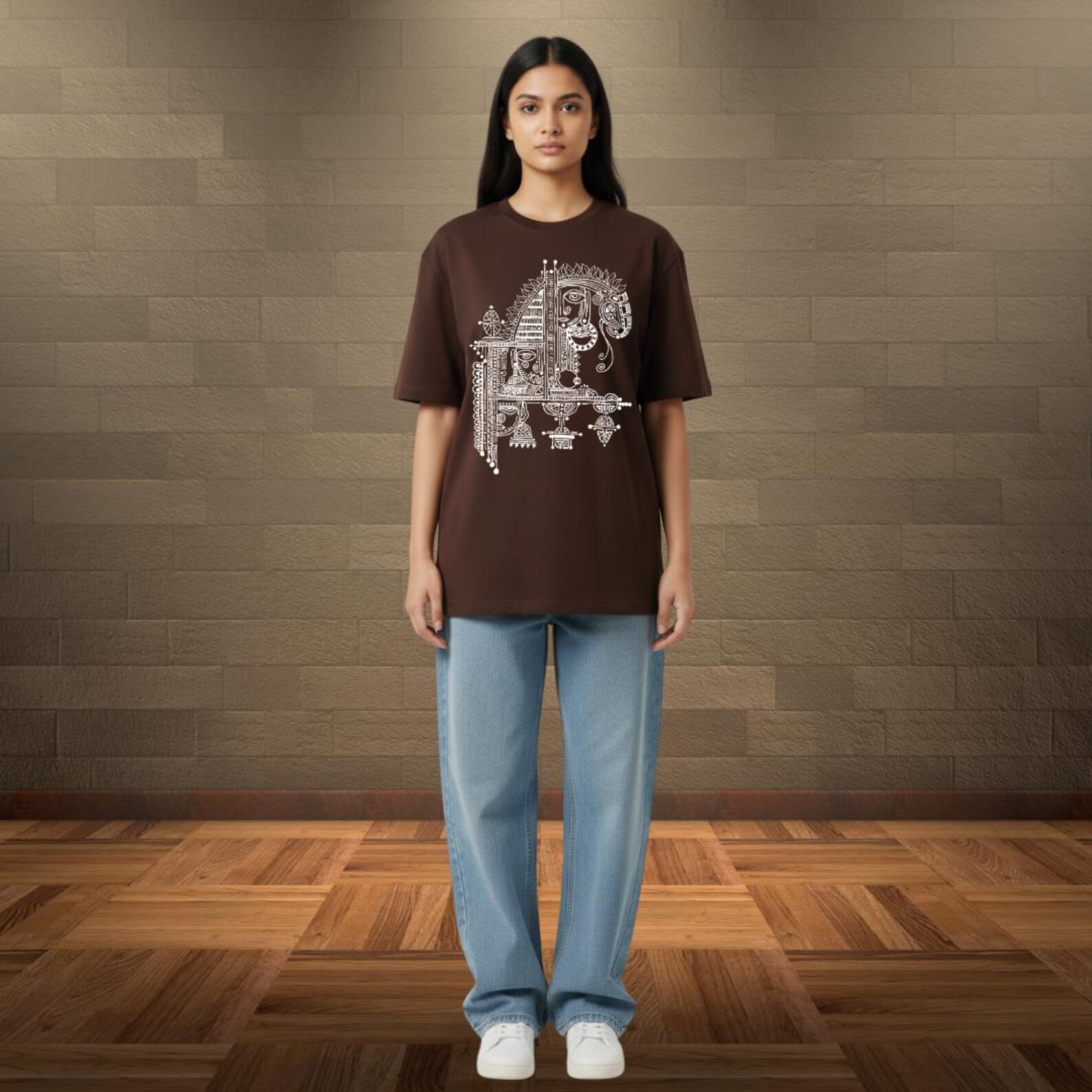 Hand-Painted Indian Folk Art Oversized T-Shirt, Cultural Graphic Printwear